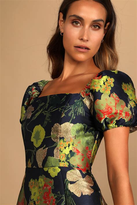 Navy Blue Floral Dress Jacquard Mini Dress Puff Sleeve Dress Lulus