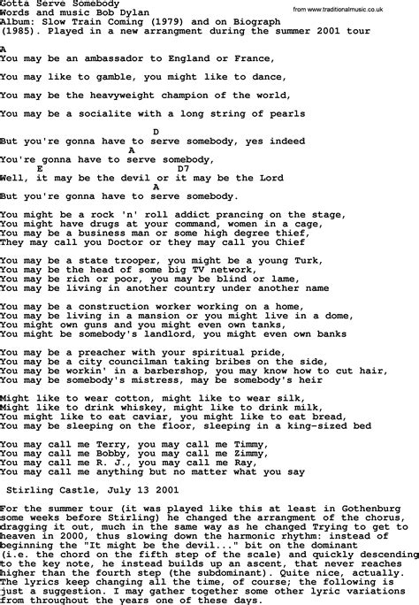 Bob Dylan Song Gotta Serve Somebody Lyrics And Chords