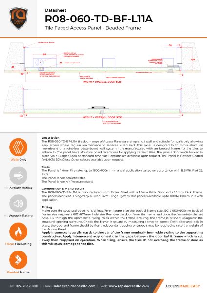 Datasheet Tile Door Access Panel One Hour Fire Rated Rapid Access