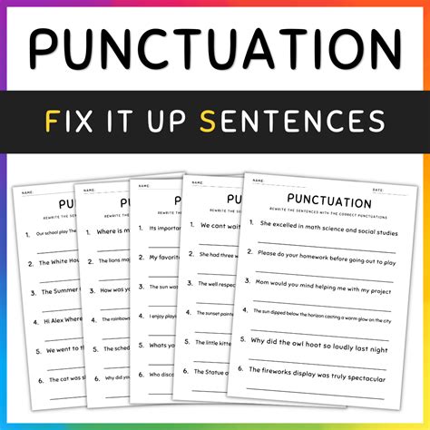 Punctuation Worksheets Fix The Sentences Grammar Practice 5th Grade