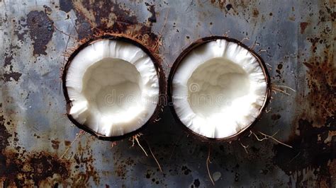 Two Coconuts Are Cut In Half On A Rusty Surface Stock Image Image Of