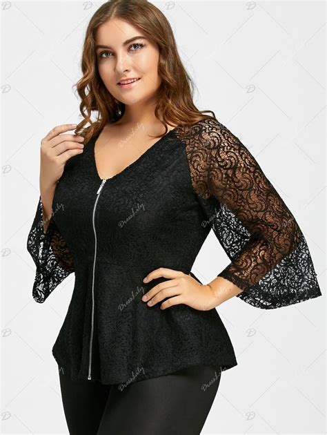 Lace Plus Size Zip Up V Neck Blouse Plus Size Tops V Neck Blouse