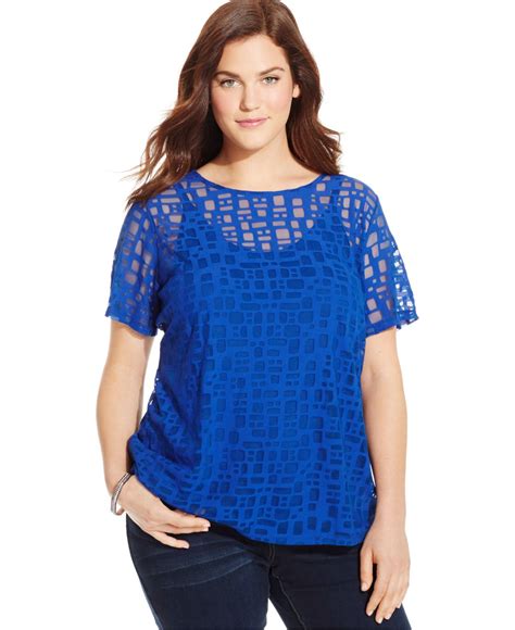 Inc International Concepts Plus Size Geo Print Illusion Top In Blue