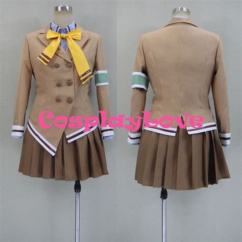 An Anime Cosplay Is Wearing A Tan Uniform With Blue And White Stripes On It