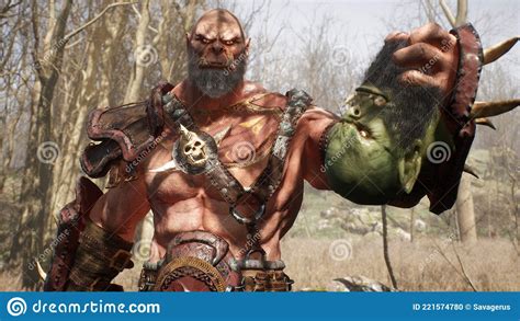 A Formidable Orc Warrior Lifts The Severed Head Of A Defeated Enemy From The Ground. Fantasy ...