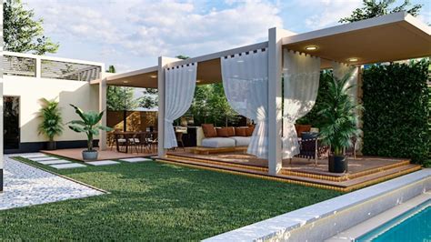 Modelagem 3D e renderização de pérgola de gazebo e design de área de