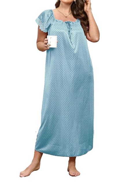 Elegant Polka Dot Print Square Neck Nightgowns Short Sleeve Blue Plus