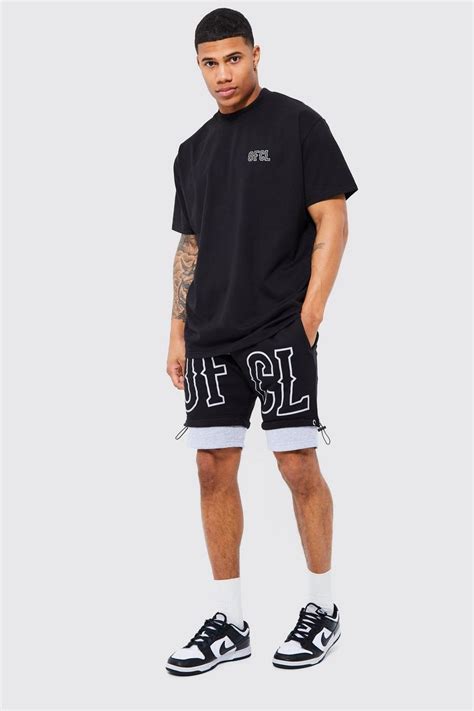 Mens Oversized Ocl Faux Layer T Shirt And Short Set Boohoo Uk