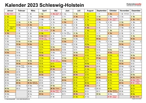 Kalender 2023 Schleswig Holstein Ferien Feiertage PDF Vorlagen