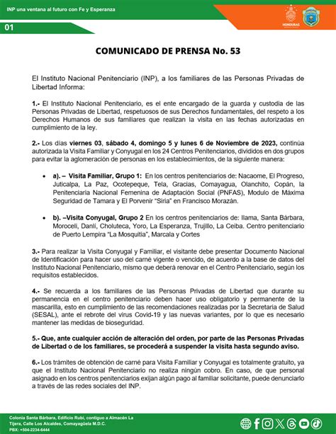 Comunicado De Prensa No Visita Familiar Y Conyugal En Los Centros