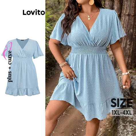 Lovito Plus Size Curve Elegant Plain Smocked Wrap Jacquard Dress For