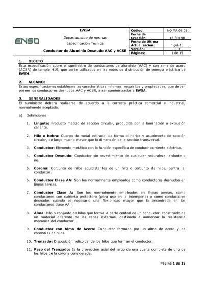 Conductor De Aluminio Desnudo Aac Y Acsr Ver Pdf Ensa