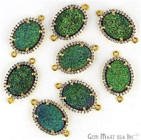 Green Druzy Cubic Zircon Pave Connector Black Pave Bezel Oval Shape