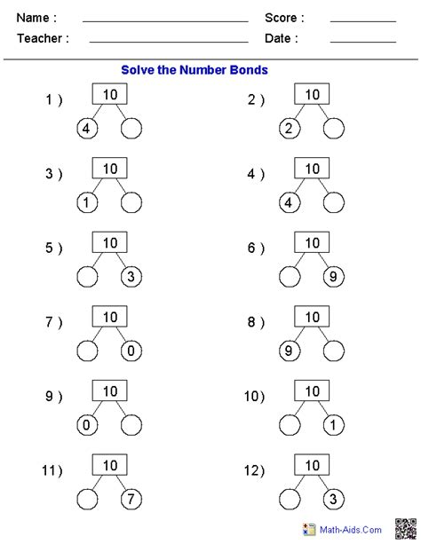 Number Bond Worksheet For Class 1