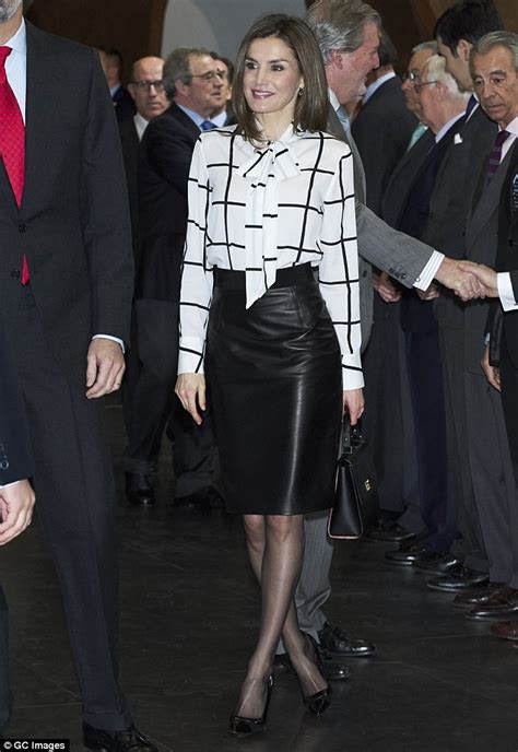 Queen Letizia Wears Leather Skirt For Event In Madrid Daily Mail Online