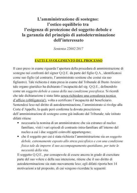 Caso Sull Amministrazione Di Sostegno Diritto Privato I L