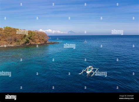 Traditional Fishing Boat Sailing Along Coastline Lombok West Nusa