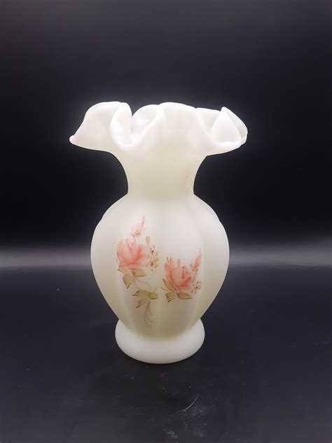 Fenton Satin Custard Glass Vase Hand Painted Roses Design Etsy