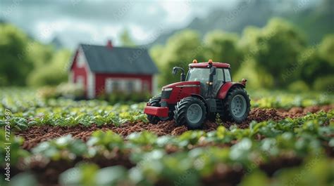 The Farmer Harvests Crops With His Tractor On A Piece Of Farm Land In