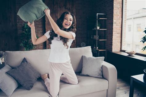Close Up Portrait Lovely Beautiful Brunette She Her Lady Fighting Pillow Romantic Mood Want Play