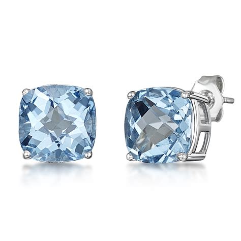 9ct White Gold Chequerboard Cut Cushion Blue Topaz Stud Earrings 8mm