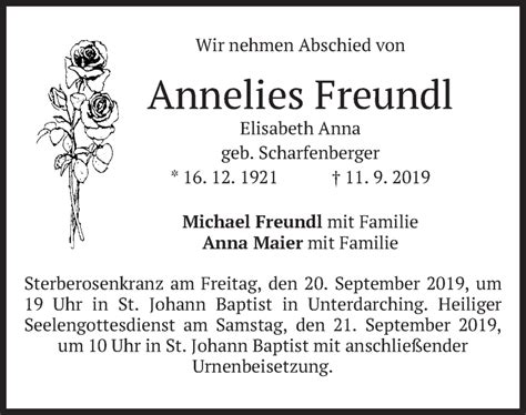 Traueranzeigen Von Annelies Freundl Trauer Merkur De