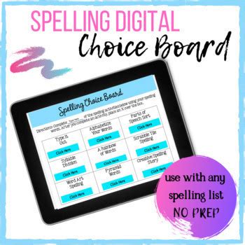 Spelling Digital Choice Board Activities Use With Any List Distance