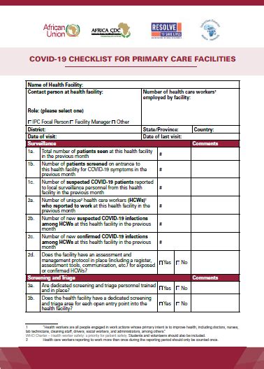 Covid Checklist For Primary Care Facilities Africa Cdc