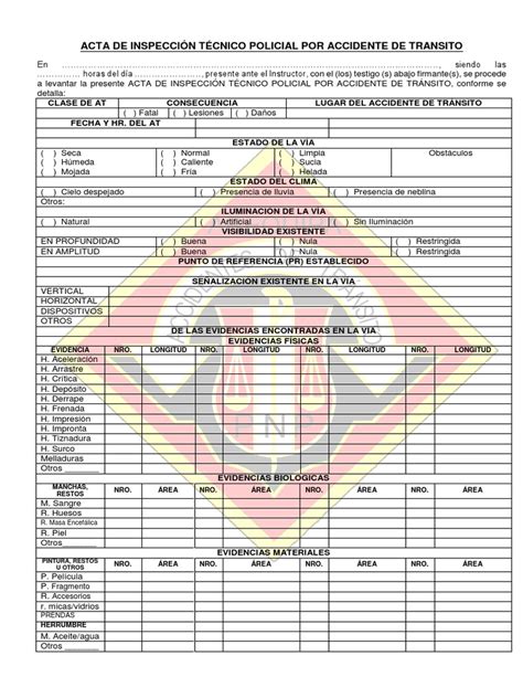 Acta De Inspección Técnico Policial Por Accidente De Transito
