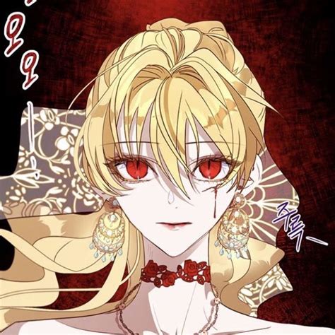 An Anime Character With Blonde Hair And Red Eyes Wearing Large