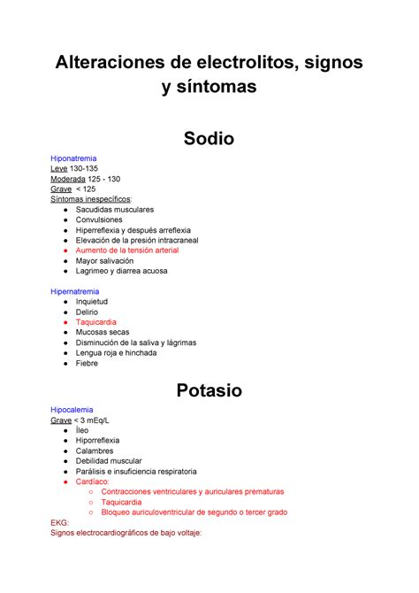 Alteraciones Electrolitos Signos Y Síntomas Alteraciones De