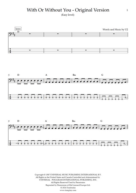 With Or Without You Original Version Easy Level U2 Bass Tabs