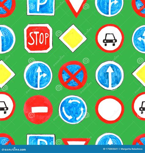 Vector Seamless Pattern Hand Drawn Watercolor Road Signs Stock Vector