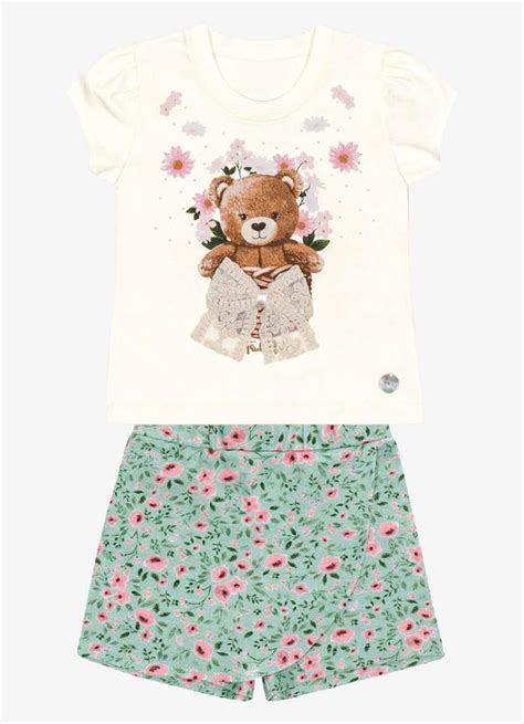 Conjunto Infantil Blusa Shorts Saia Bege Trick Nick