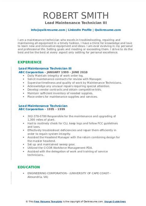 Lead Maintenance Technician Resume Samples Qwikresume