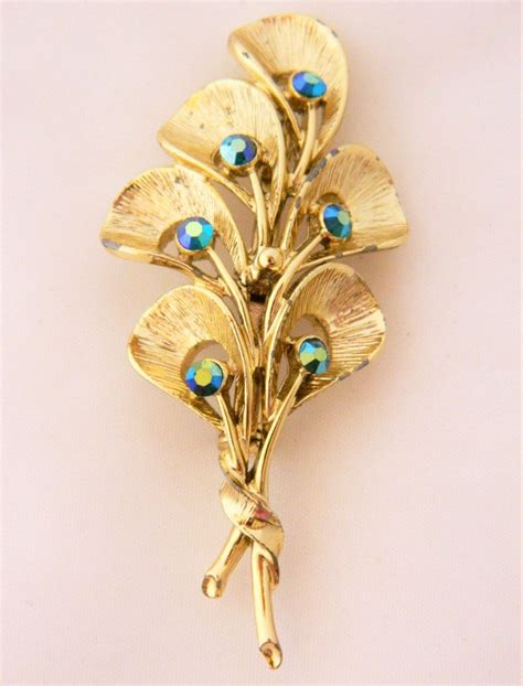 Vintage Leaf Brooch Leaf Pin 50s Pin Blue Rhinestones Gold Tone