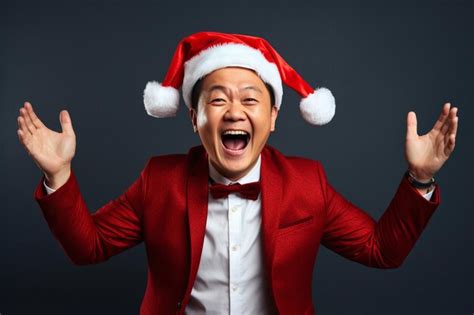 Hombre Adulto Asi Tico Con Sombrero De Navidad Sonriendo Feliz Mientras