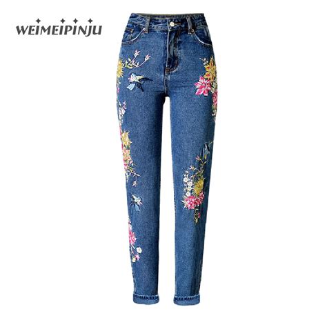 Womens Jeans Embroidered Floral Fashion Boyfriend Female Jeans Mujer