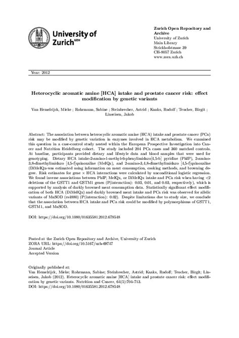 Pdf Heterocyclic Aromatic Amine Hca Intake And Prostate Cancer Risk