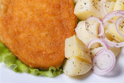 Schnitzel With New Potatoes And Onion Top View Stock Image Image Of