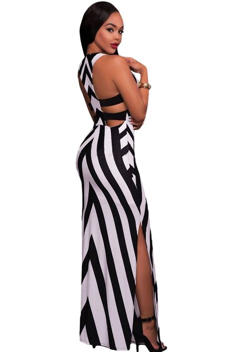 Black And White Stripes Cutout Back Sleeveless Maxi Dress Tootoolbay