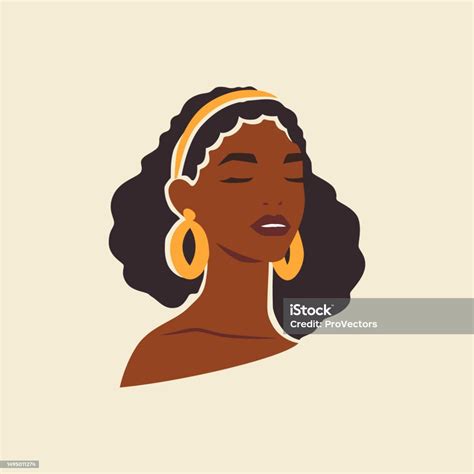 Black Skin African Woman Face With Closed Eyes In Golden Jewelry Accessories Vector Flat