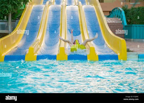 Girl Sliding Water Park Woman Sliding Down On Water Slide In Aqua Park