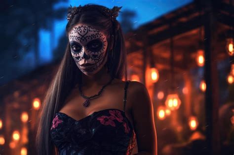 Premium AI Image Day Of The Dead Beauty Girl Smiling Wearin Bikini Dress Posing At Night