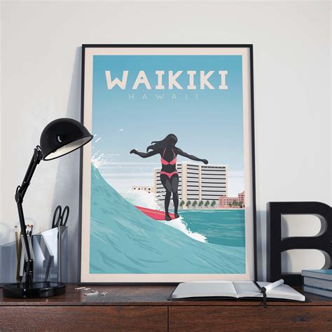 Waikiki Surf Poster Hawaii Travel Poster Waikiki Print | Etsy