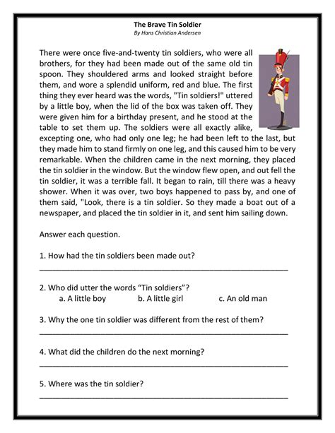 Grade 4 Reading Comprehension New Set The Brave Tin Soldier By Hans