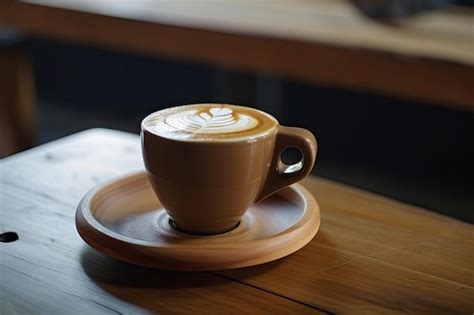 Premium AI Image Hot Latte Art Coffee On Wood Table Relax Time Made By AIArtificial Intelligence