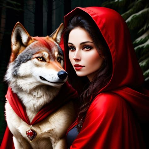 A Woman In A Red Cloak Holding A Wolf