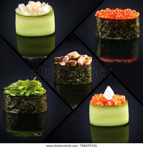 Collage Various Sushi Gunkan Japanese Restaurant Stock Photo 788699236