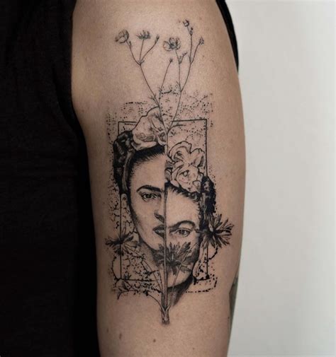 Frida Kahlo Tattoo With Flowers And Geometry Black And Grey On Arm